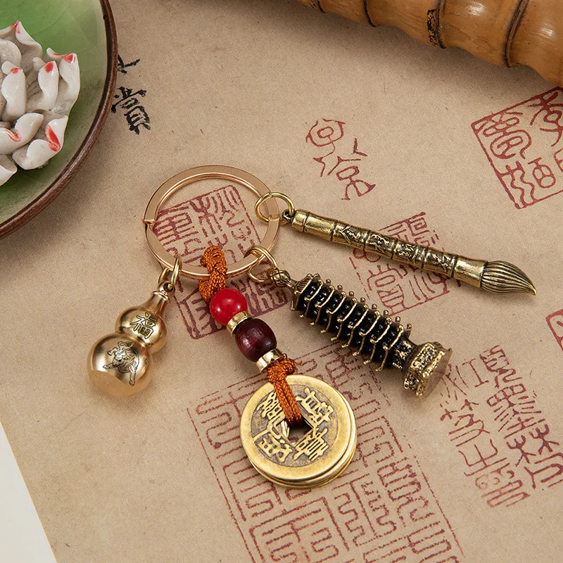 Pure Copper Wenchang Tower List Nomination Pen Keychain Pendant Twelve Zodiac Cinnabar Gourd Qing Dynasty Five Emperors' Co