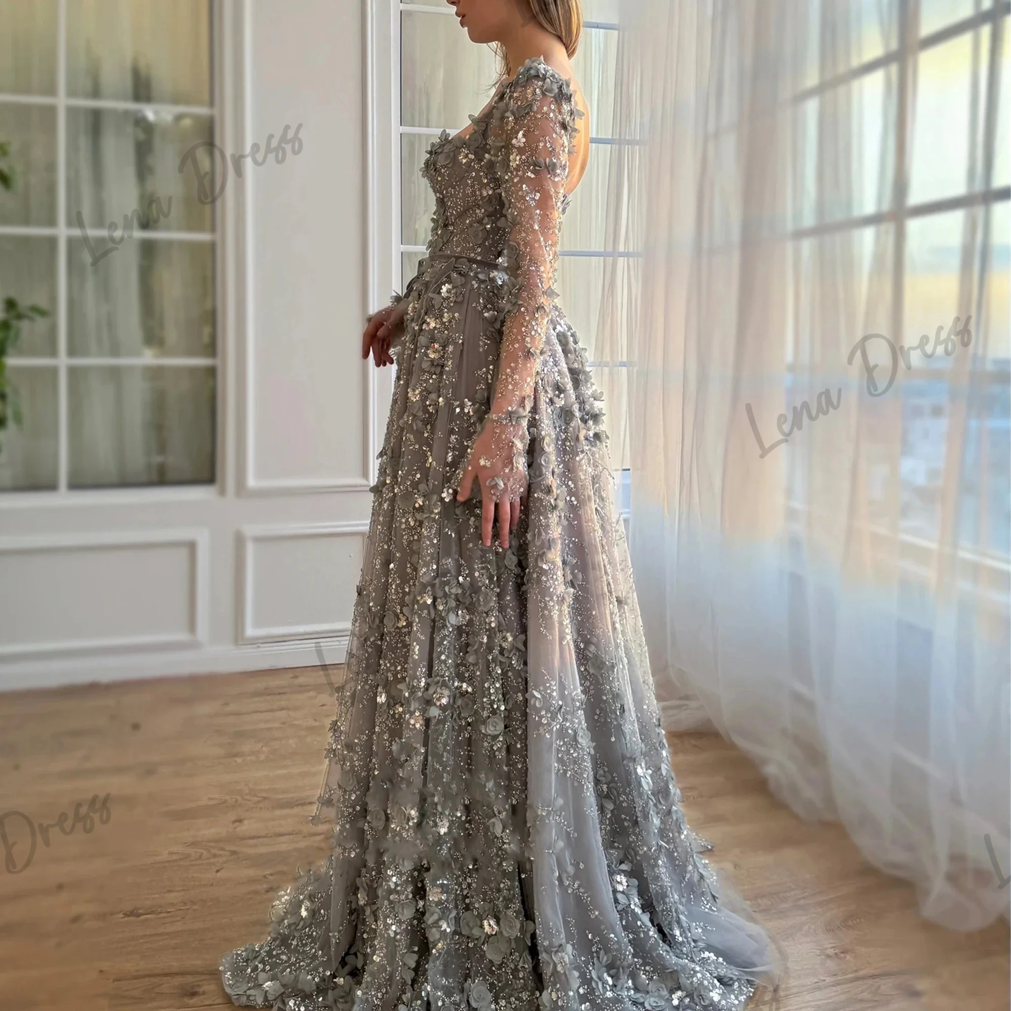 Lena Floral Lace Formal Occasion Dresses for Formal Occasions Grey Luxurious Evening Dresses 2024 Luxury Long Sleeves Line A