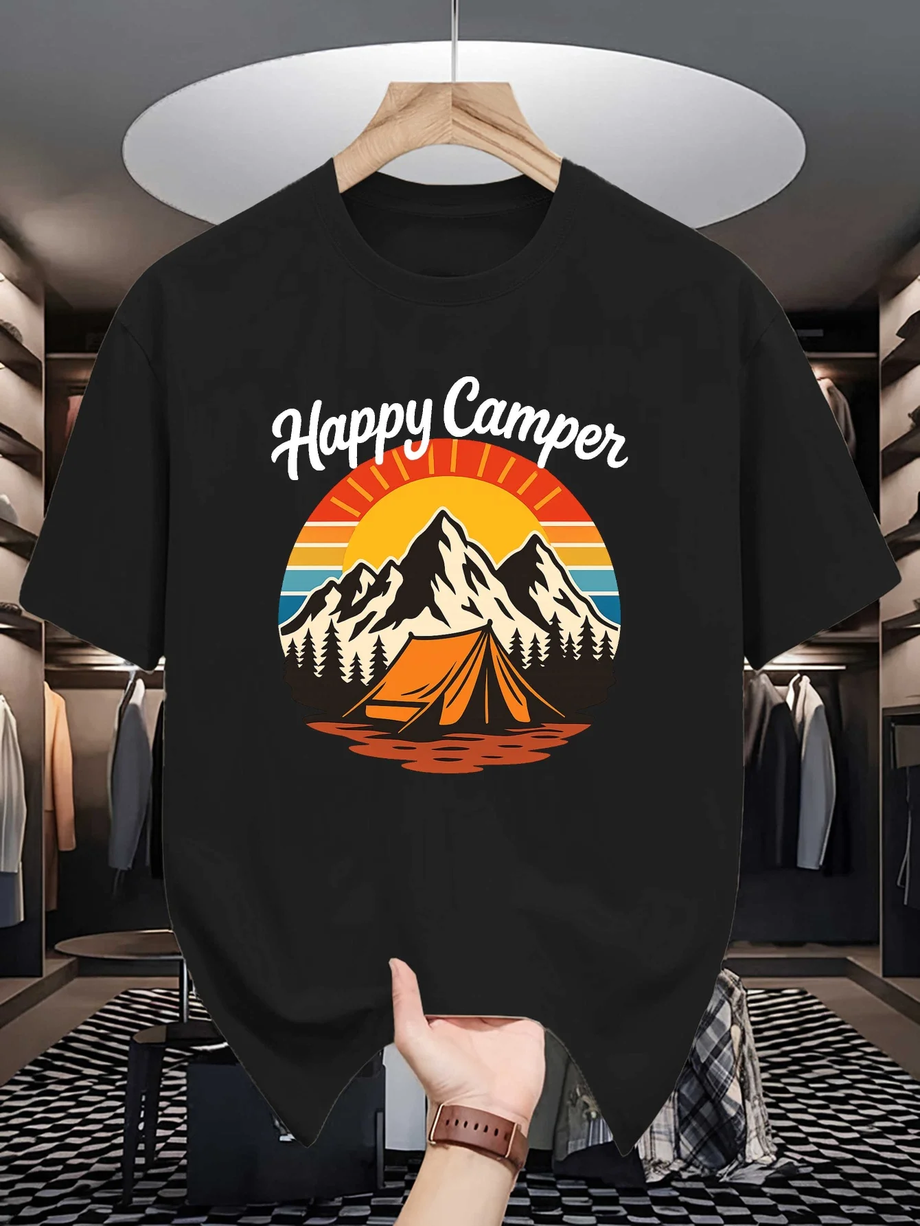 T-shirt col rond homme Happy Camper Camp Mountain, imprimé artistique rétro, en coton doux, coupe ample, manches courtes, décontracté, streetwear masculin pour l'été