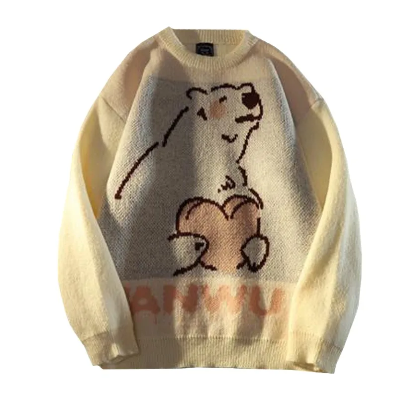 Girl Sweet Casual Sweater Fashion Autumn Winter Woman's Apricot Pullover Cartoon Embrace Love-heart Polar Bear Female Knitwear