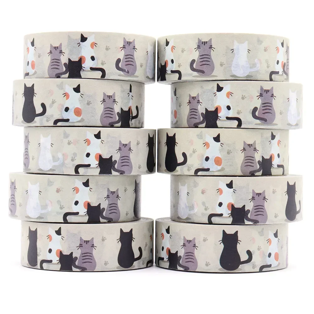 10PCS 15mm x 10m Cute Black & White Cats Washi Tapes Adhesive Stationery for Craft Masking Washi Stickers Office supplies