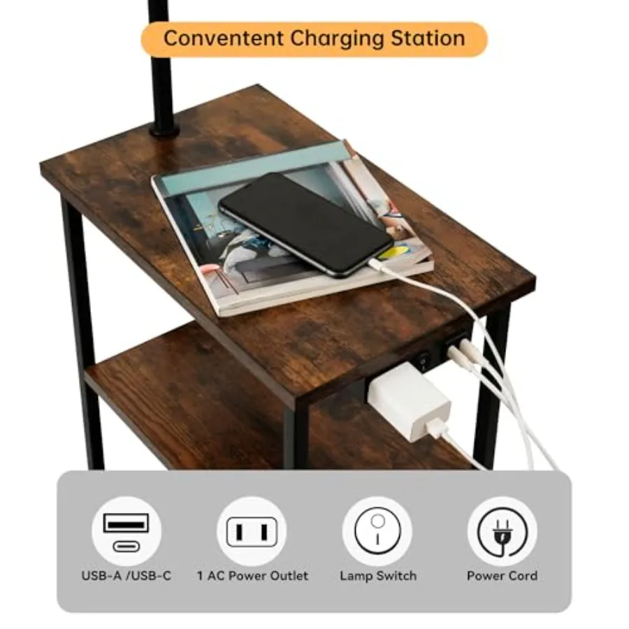Floor Lamp with Table Narrow Side Table with Fabric Basket USB-A/USB-C Charging Station and AC Port 3 Color Temperatures 12W LE