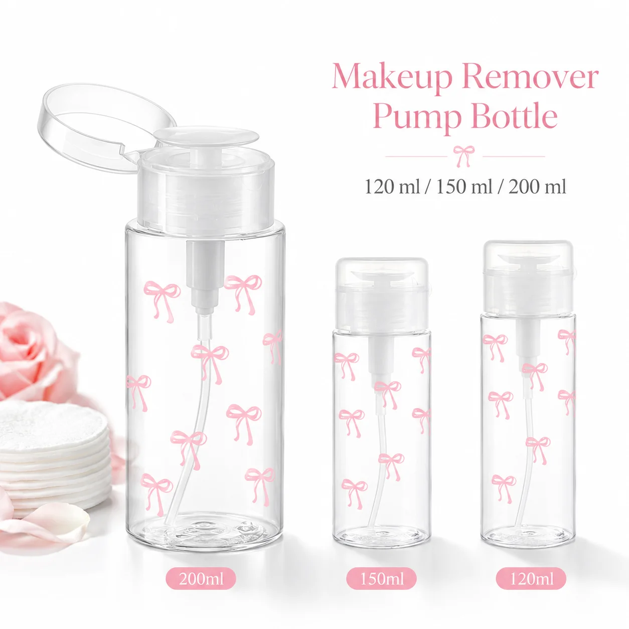 Bow Print Refillable Pump Bottle, Clear Travel Makeup Remover Dispenser for Cotton Pads, Toner Alcohol Nail Care