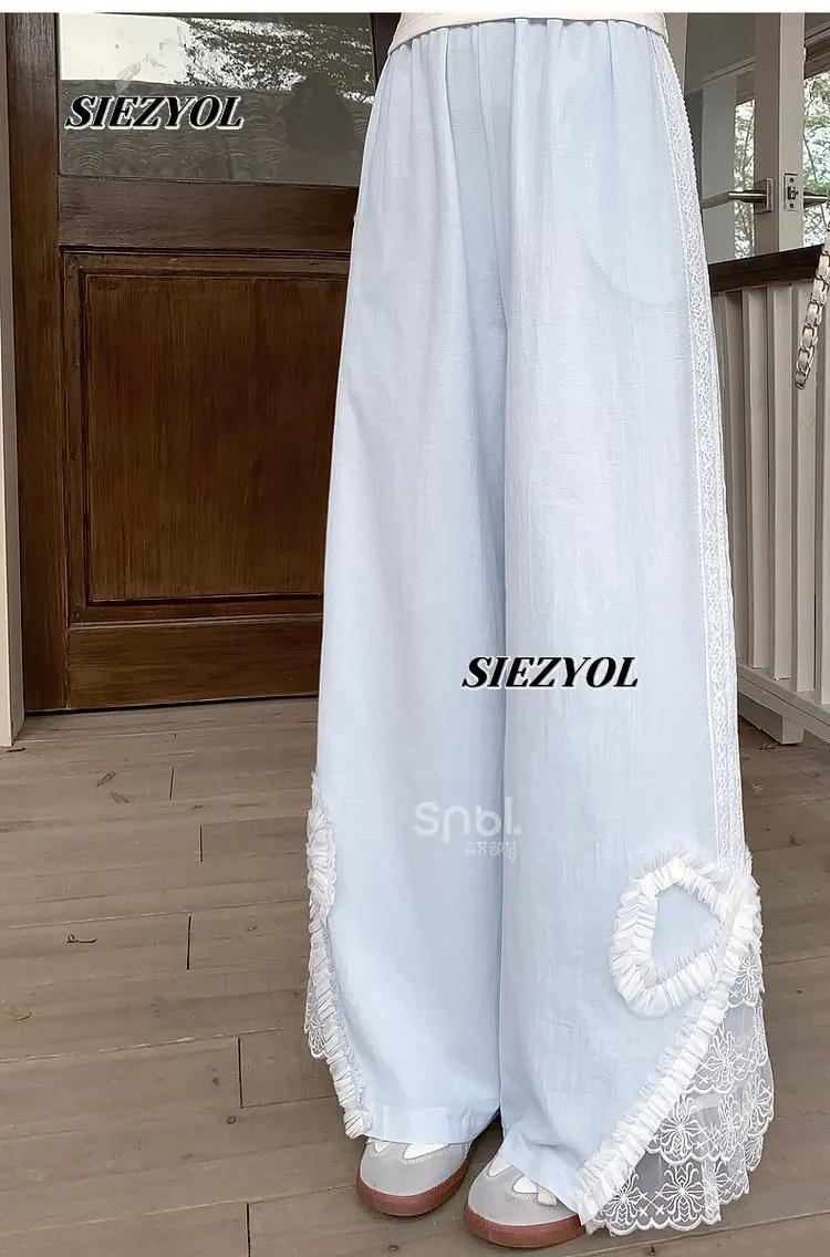 Spring and Autumn New Bow Lace Casual Pants Sweet Girl Style Loose Drape Elastic High Waist Solid Color Wide Leg Trousers