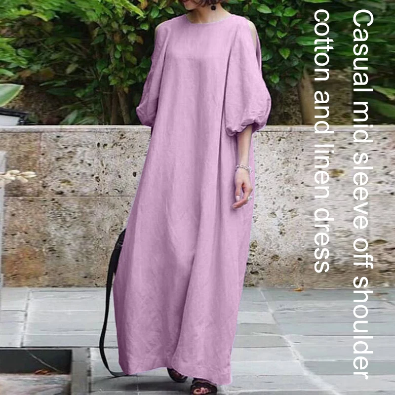 

Summer Women's Dress Solid Color Round Neck Sleeve Hollow Out Loose Casual Half Sleeve Vacation Commuter Dresses Long Dresses