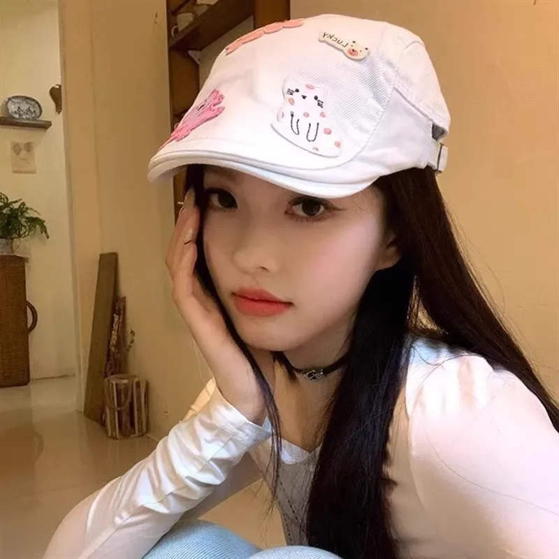 Cute Cat Embroidery Beret Hat for Women Literary Retro Style Summer Sunshade Face Forward Small Pass Hat