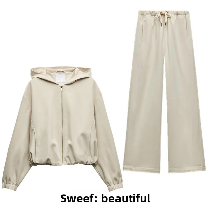 

New Autumn Winter Hooded Long Sve Jaet Wide Leg High Waist Pants Faion Set Quali Material Polyester Fiber Women's Wear