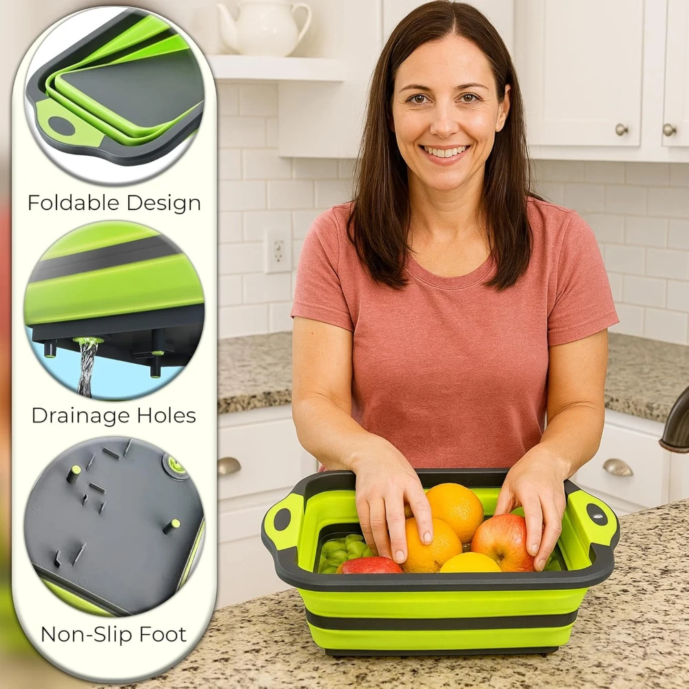 3-IN-1 Collapsible Cutting Board Multifunctional Kitchen Sink Tub Basin with Drain Chopping Board & Washing up Bowl Space-Saving