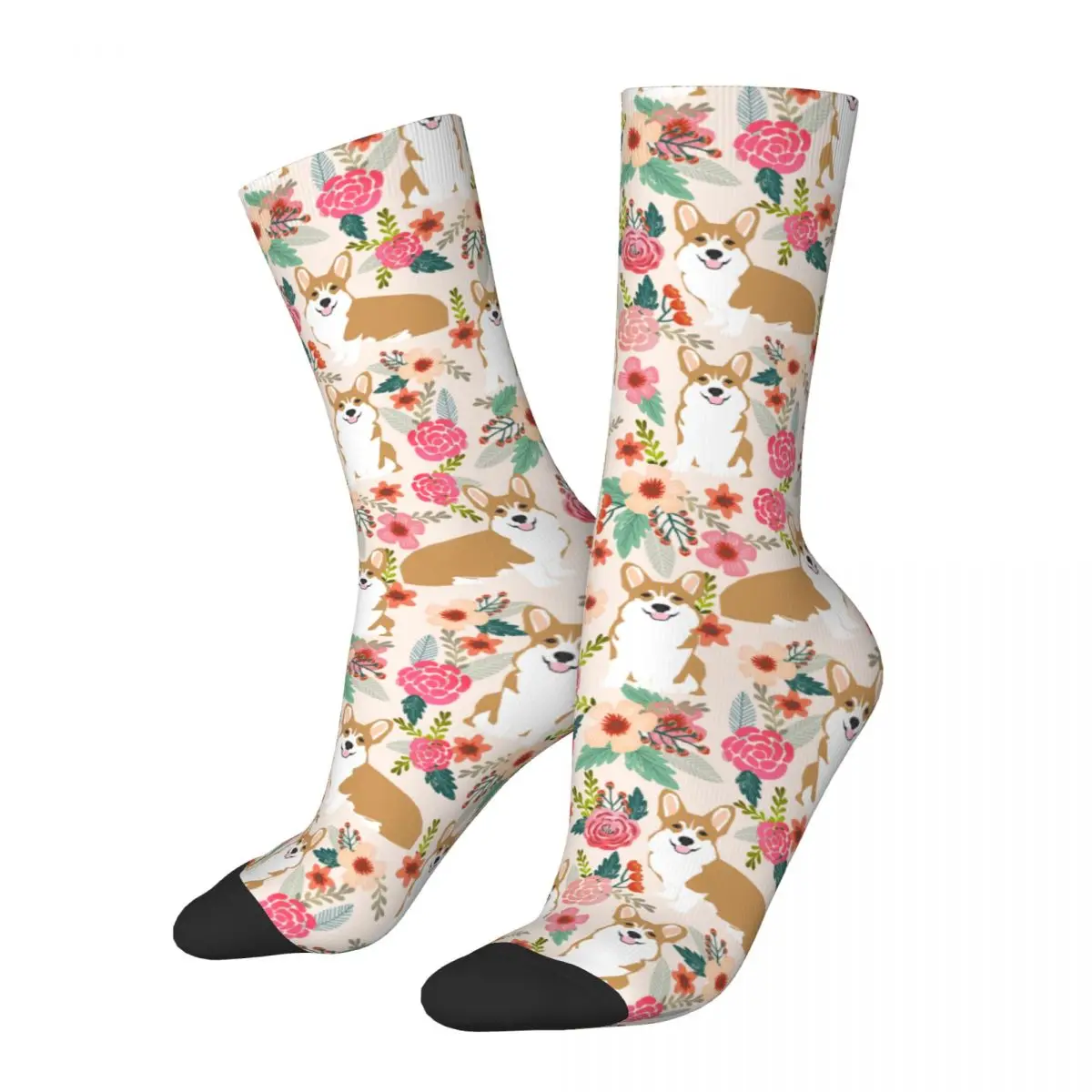 Harajuku Welsh Corgi Dog Football Socks Animal Polyester Middle Tube Socks for Unisex Breathable