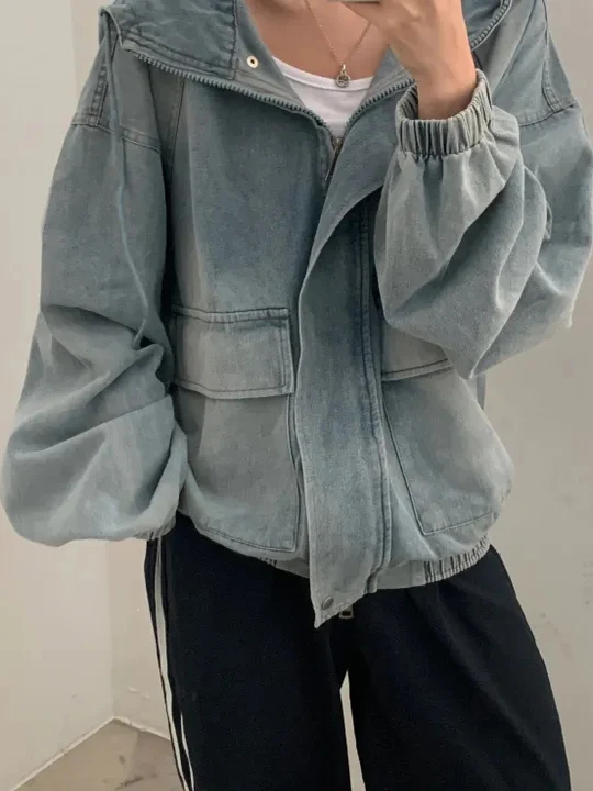 

Faionable Loose Women's Denim Jaet with Hood Korean Sle Cotton Casual Outerwear Trendy Age-Defng Design ort Coat