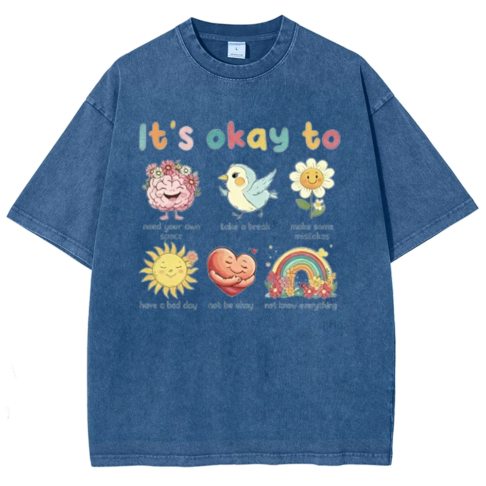 Women Vintage Washed Oversized T‑Shirt Mental Health Positive Quote Cartoon Graphic Loose Fit Casual Summer Short Sleeve Tee