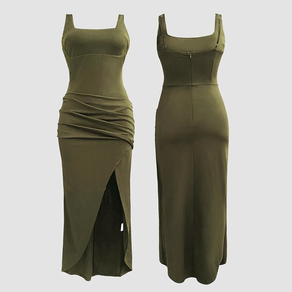 المرأة بو الجلود مثير ساحة الرقبة أكمام عارية الذراعين الشق منتصف العجل فستان Bodycon بلون فستان طويل