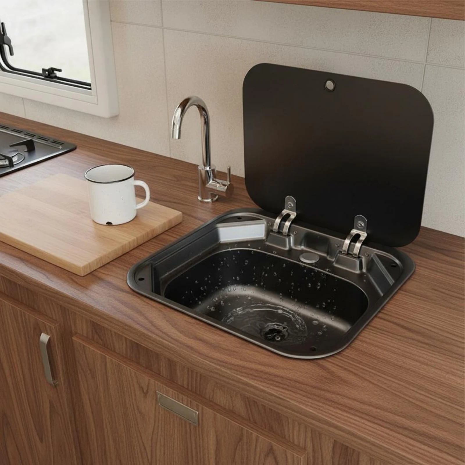 Space Saving Single Bowl Sink with Flip Cover Wash Basin Plumbing Fixture for RV Kitchen Counter Travel