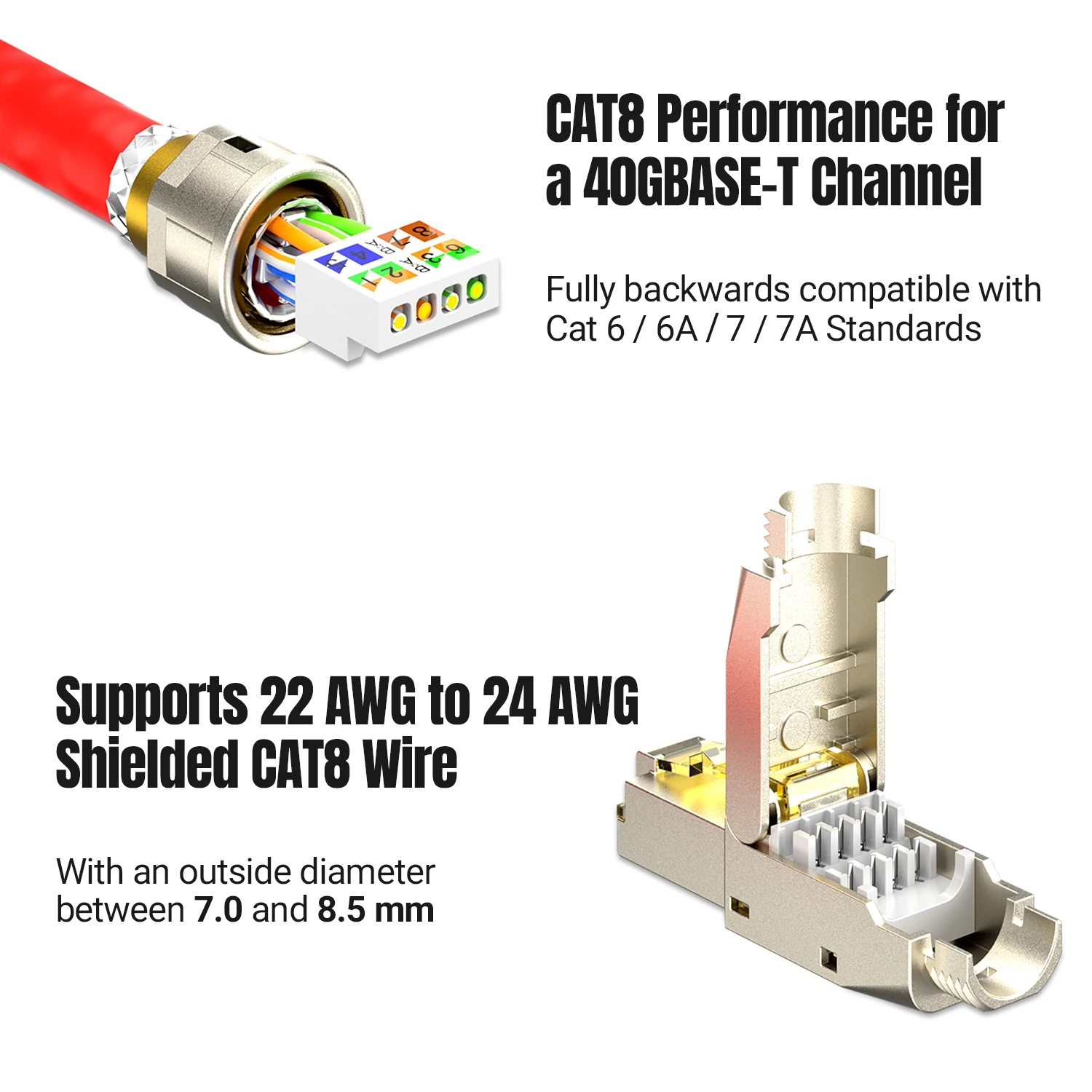 AMPCOM Toolless RJ45 Connector, CAT8/7A/7/6A/6 Tool free Reusable Termination Plugs Shielded Ethernet Field Modular PLug