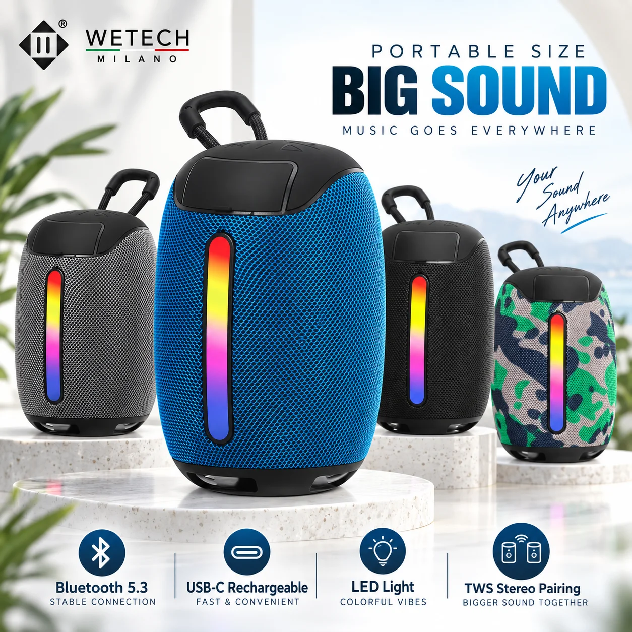 Altoparlante Bluetooth portatile e senza fili WETECH, Bluetooth 5.3, illuminazione LED RGB multicolore, abbinamento stereo TWS, ricarica tramite USB-C, altoparlante da esterno con maniglia per il