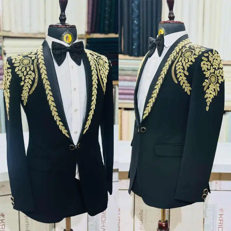 

Fashion Beading Wedding Groom Tuxedos 2 Pieces Blazer Pant Shawl Lapel Formal Occasion Banquet Party Customized