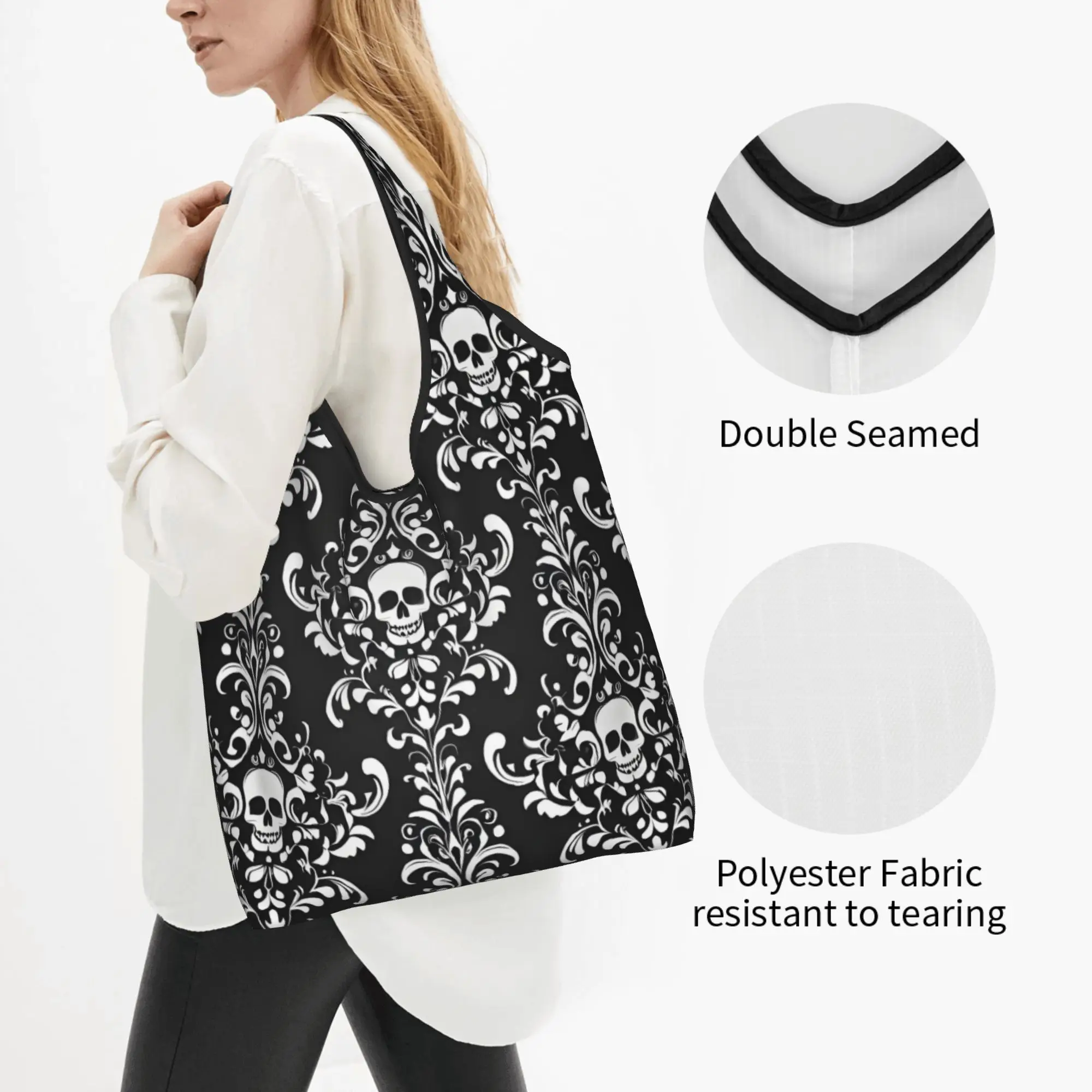 Recycling Gothic Black Skull Damask Print  Shopping Bag Women Tote Bag Portable  Grocery Shopper Bags