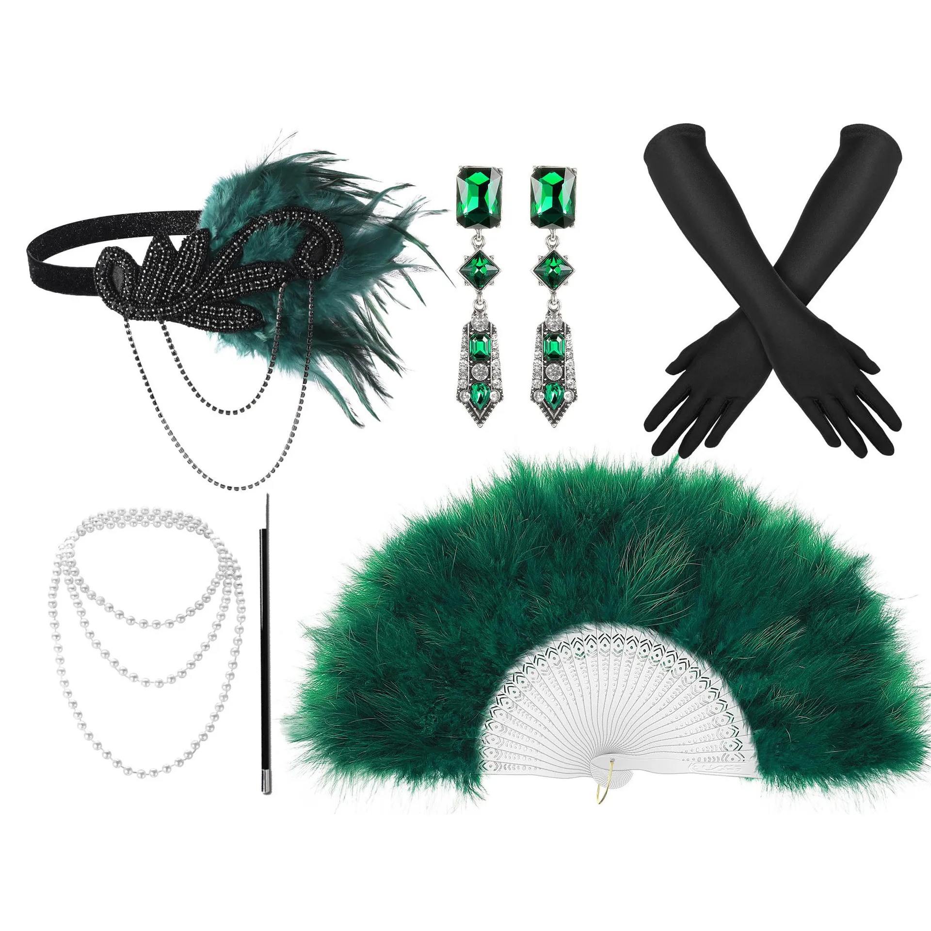 1920-е годы Flapper Gatsby Party повязка на голову с перьями жемчужное ожерелье перчатки для сигарет перья веер костюм ретро наряд Хепберн