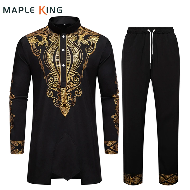 

Mode Arabe Homme Мусульманская мужская одежда Рубашки + брюки 2 шт. Золотой бронзовый принт с длинным рукавом Мужские деловые рубашки Дубай Длинные брюки