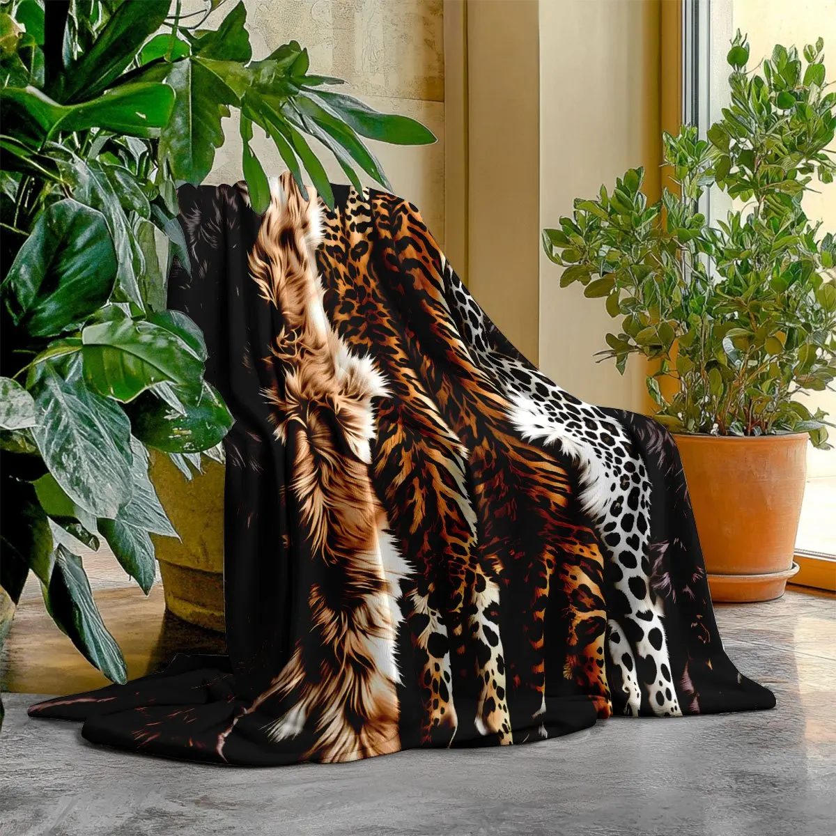 1pc Wild And Overbearing Tiger Stripes/Leopard Print/Fox Fur/Snow Leopard Spots Luxurious Plush Texture Flannel Blanket All-Seas