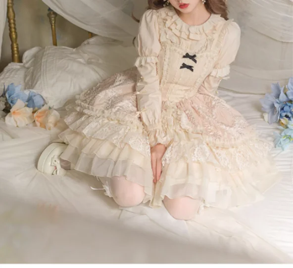Elegant Lolita Ballet Sweet Bow Square Neck Cute Princess Suspender Cake Dress Fashion Versatile Ruffles Lace Long Sleeve Shirt