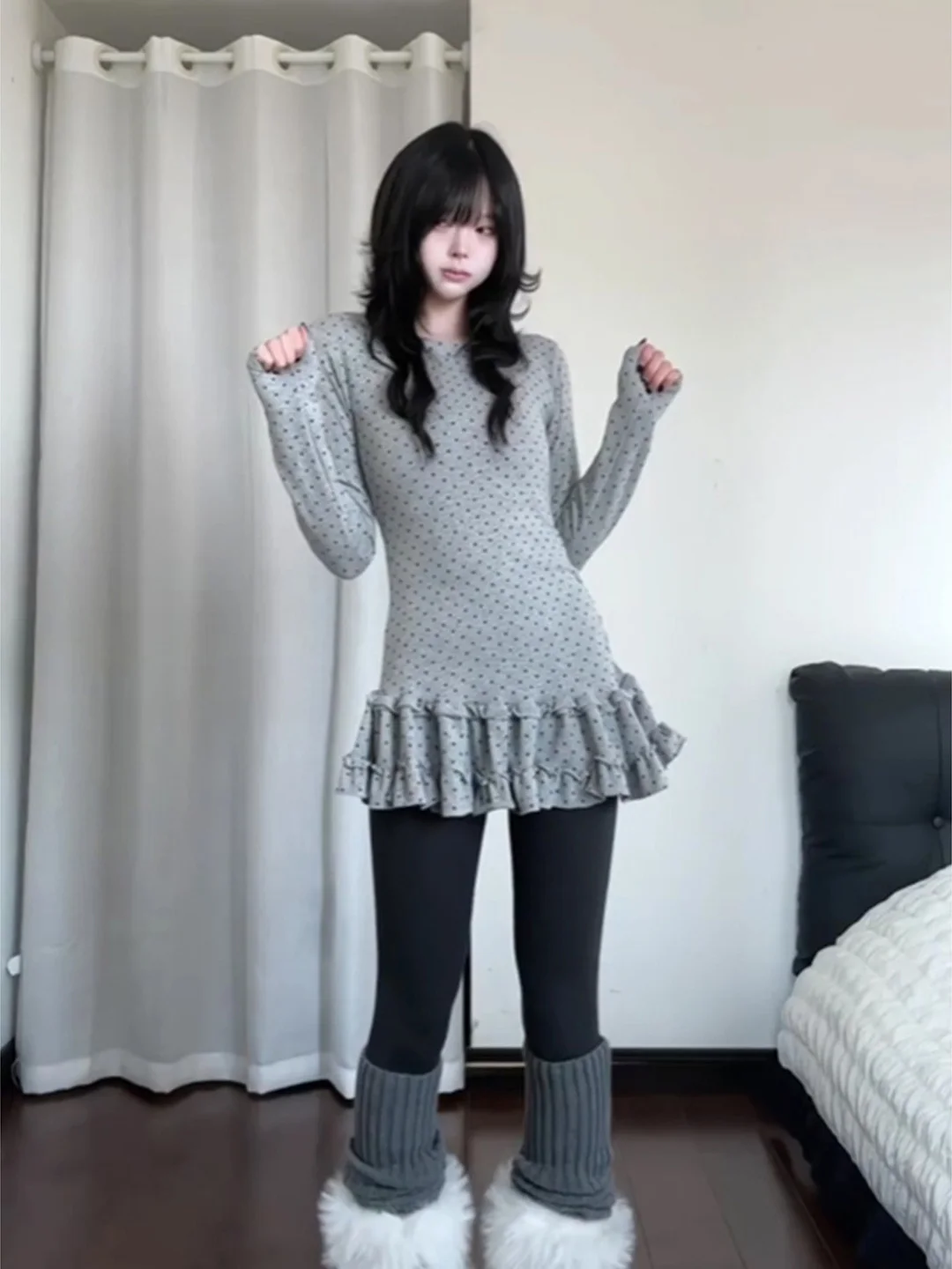American Sweet Polka Dot Skirt Long Sleeve T-Shirt Women's Autumn Winter Waist Shaping Slimming Butt Covering Inner Wear Top