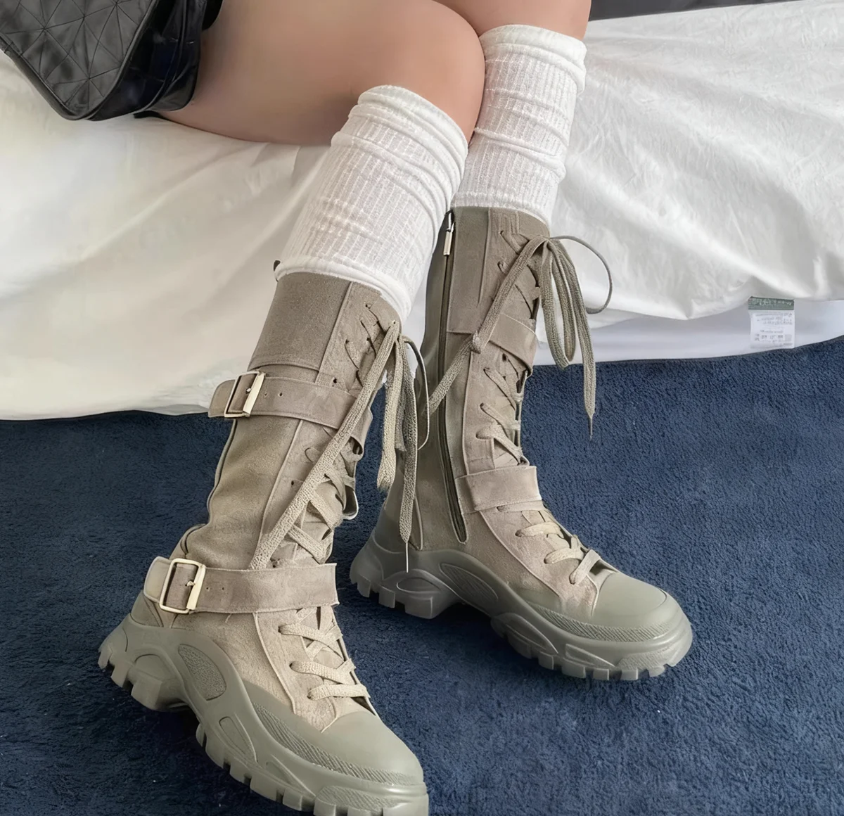 

Women's Lace-Up Combat Boots Double Buckle Straps Platform Chunky Lug Boots Side Zipper – Edgy Street Style Mid-Calf Boots