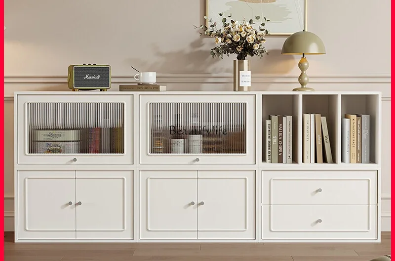 

Cream wind belt glass door free combination bucket cabinet solid wood display cabinet