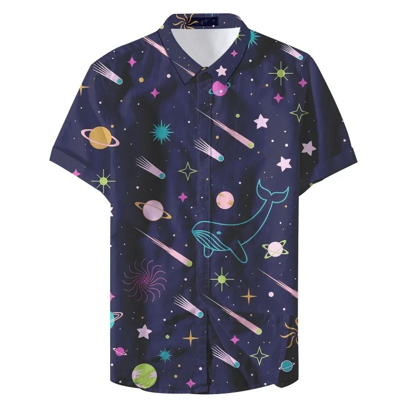 Men's shirt dream starry sky print summer fashion men's lapel cardigan top large size loose casual men's shirt street trend