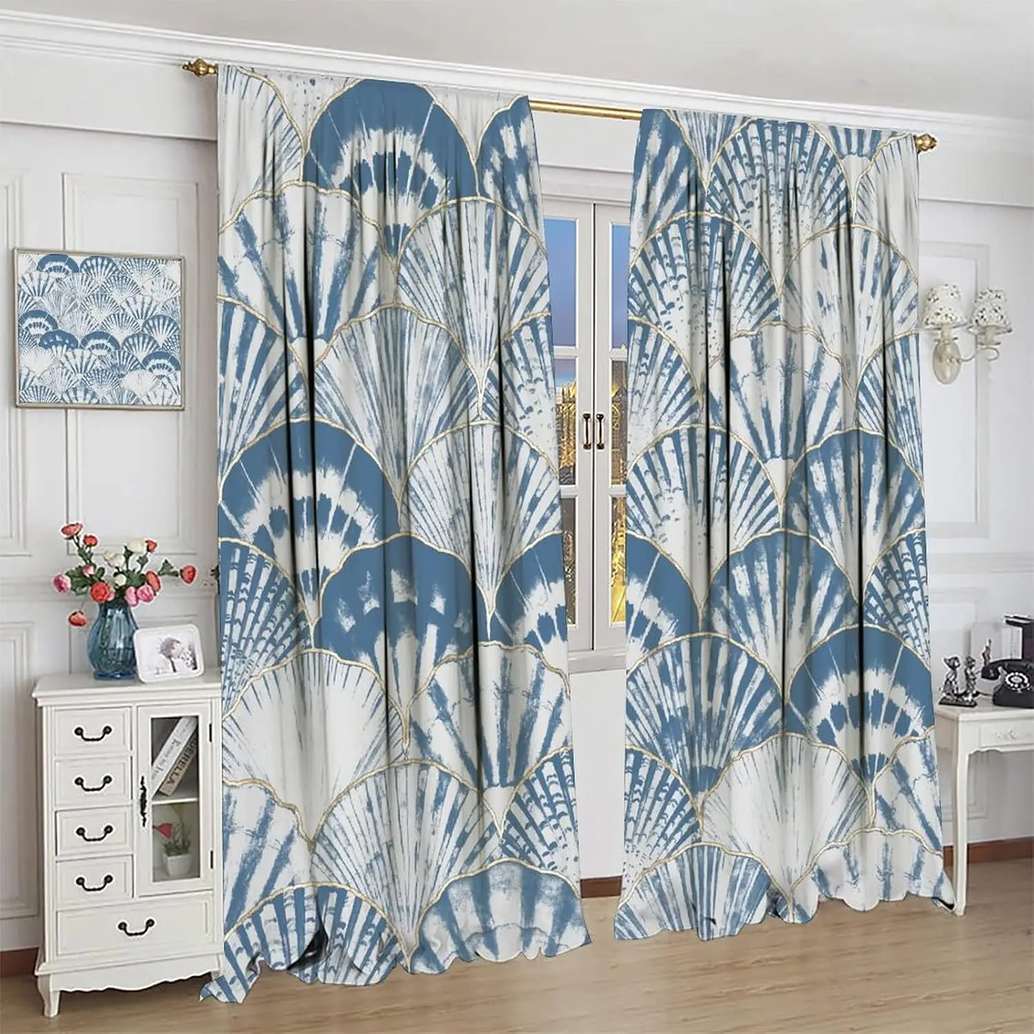 Blue Gold Fan Scale Curtains 2 Panels, Tie Dye Fan Gilded Line Light Gray Base Window Drapes for Bedroom Balcony Decor