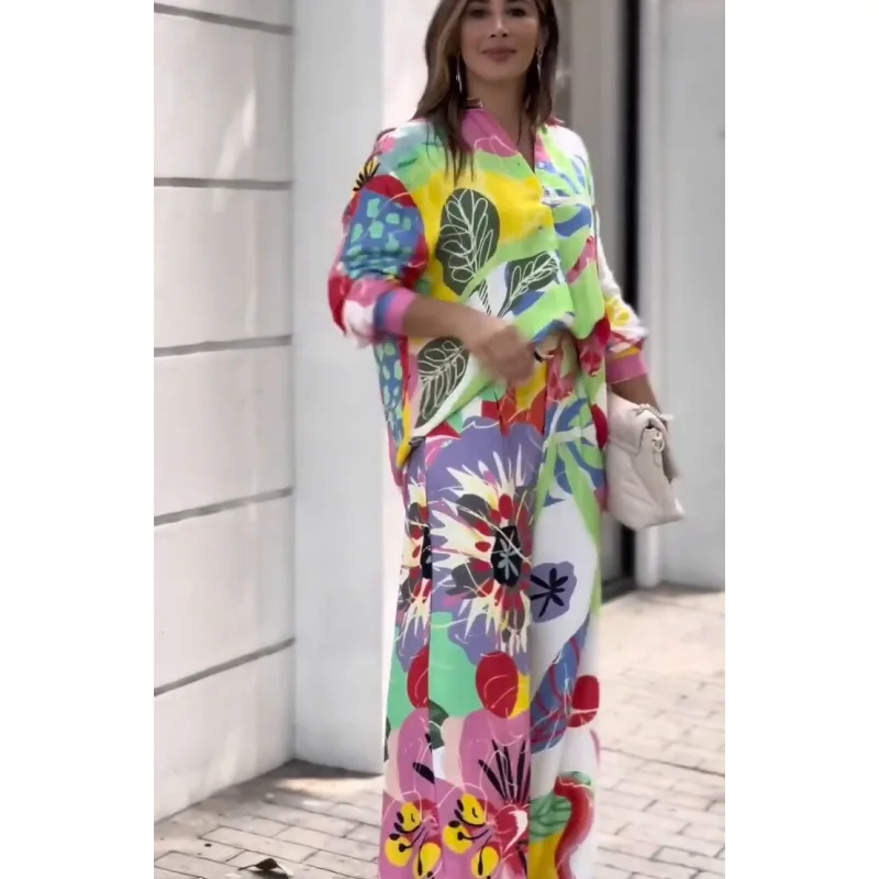 Fashion Color Print Two Piece Set Women Trendy Loose Long Sleeve Shirts Wide Legs Trousers 2 Piece Set Female Commuting Suits