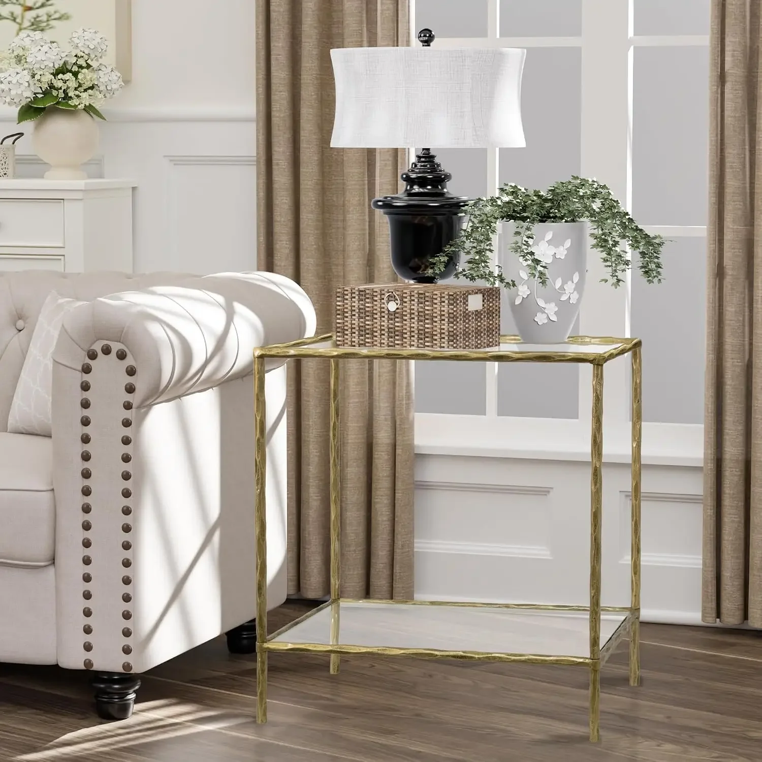 BestsellingUSA Stock Hand Forged Side Table 2 Tier, Vintage End Table Glass Top Coffee Table, Accent Table with Solid Hammered F