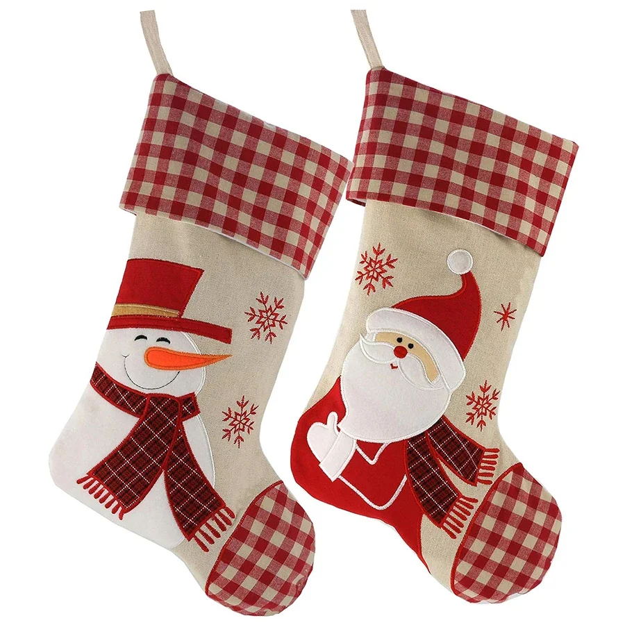 

2 Pcs Classic Christmas Stockings Set of 2 Santa Snowman Xmas Decor Party Favor for Family Checkered Candy Sock Bag Gift for Kid