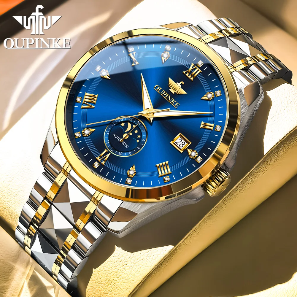 OUPINKE Men's Watch Luxury High end Watch Waterproof Luminous Moon Phase Tungsten Steel Automatic Mechanical Men's Watch