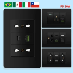 Italy Chile Mexico Outlet with USB Smart Type-c 20W Fast Charging Wall plug,Brazil Electric Light Switch Dual usb Power Socket