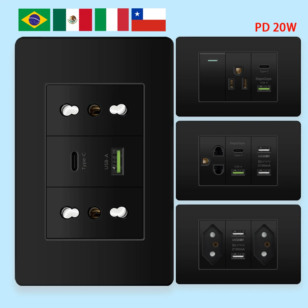 Włochy Chile Meksyk Outlet z wtyczką USB Smart Type-c 20W do szybkiego ładowania, brazylijski elektryczny włącznik światła Podwójne gniazdo zasilania USB
