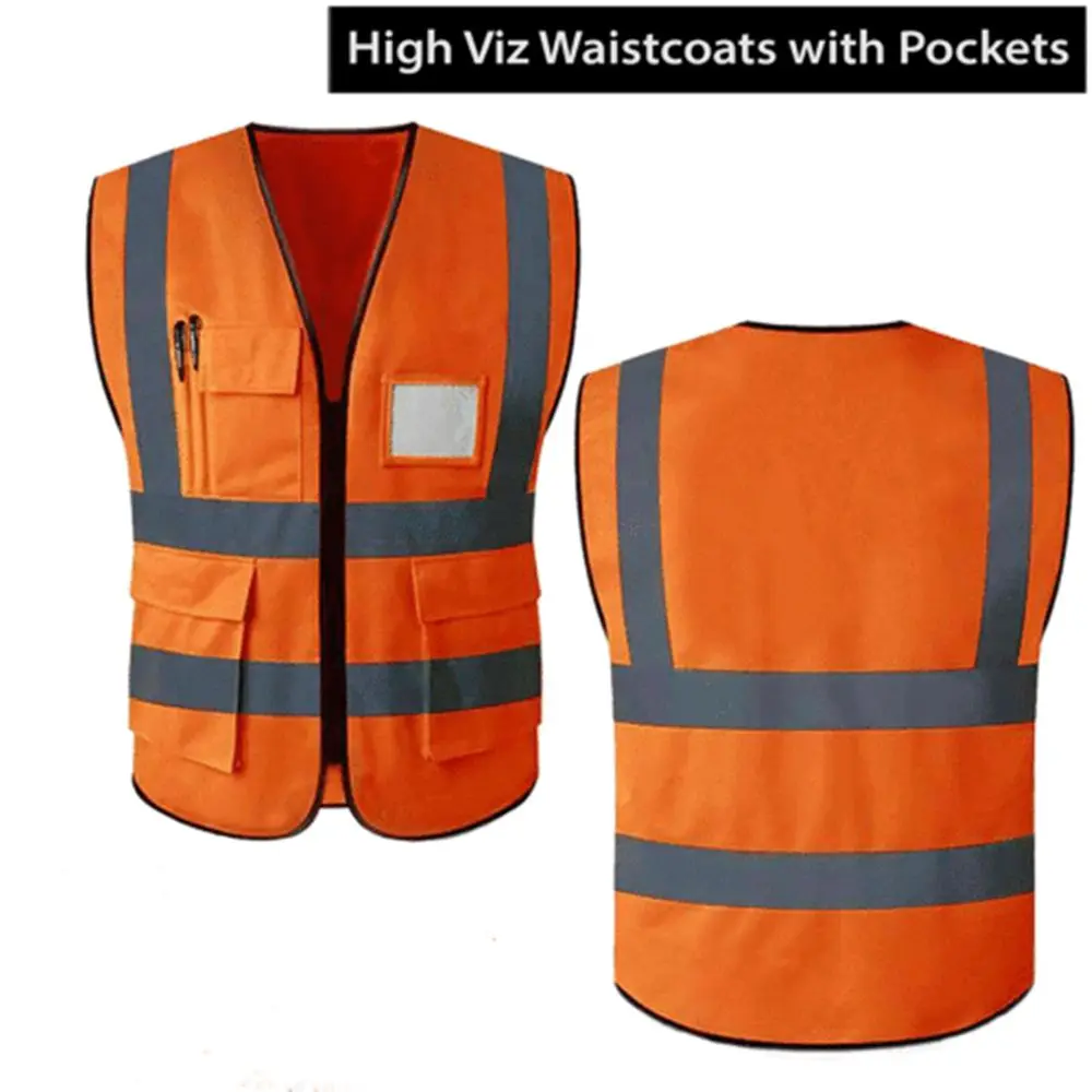 Yellow Orange Jacket Waistcoat Warning Vest Security Safety Stripes Safety Vest Reflective High Visibility With Pockets