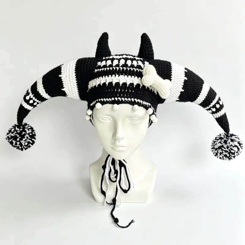Handmade Colorful Striped Horn Jester Clown Hat Men Custom Crochet Bone Pom Knit Beanie Women Cosplay Halloween Canival Caps Boy