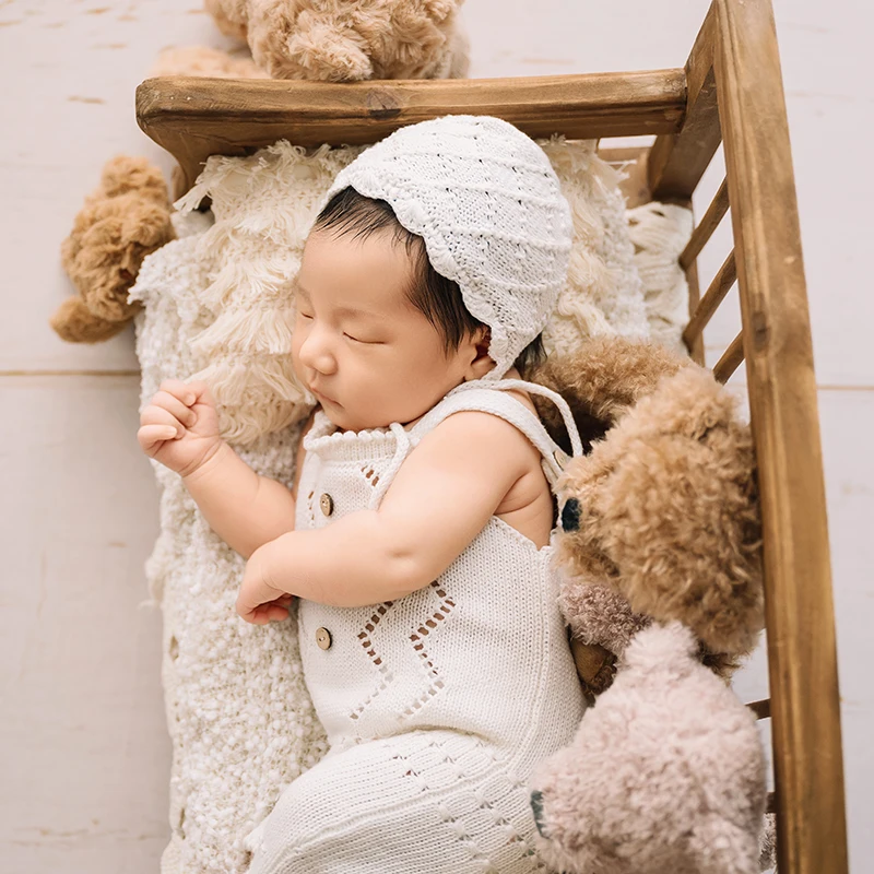 Baby Photography Knitted Clothing Cute Bear Dolls Baby Tassel Pillow Blanket Photo Props Newborn Photo Jumpsuit + Hat Costume