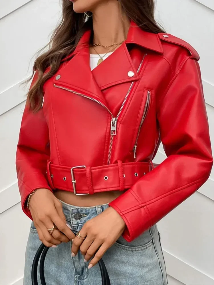 แจ็คเก็ตหนังสีแดงสไตล์วินเทจสำหรับผู้หญิง ปกเสื้อแบบปกเชิ้ต ติดเข็มขัด คอวี แขนยาว ซิป แจ็คเก็ตสั้น แฟชั่นฤดูใบไม้ผลิ/ฤดูใบไม้ร่วง ปี 2026