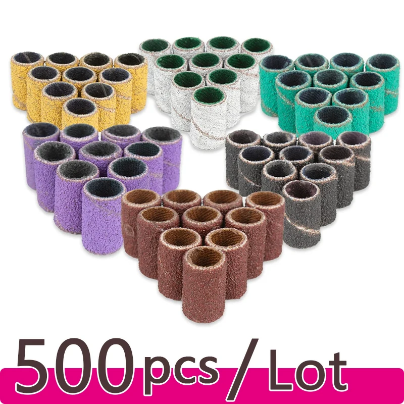 

500pcs Nail Sanding Bands Nail Drill Bit Caps Accessories for Manicure Gel Polish Removing Manicure Tool 80# 120# 180# 240# Set