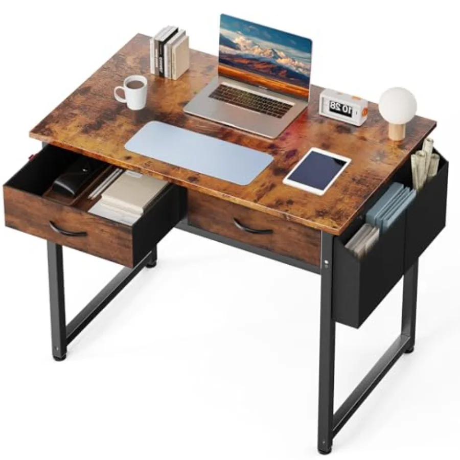 Mesa de Computador para Home Office de 32 polegadas com Gavetas, Mesa Pequena para Jogos, Escrita e Estudo com Armazenamento Lateral, Gancho para Fone de Ouvido e Ajustável
