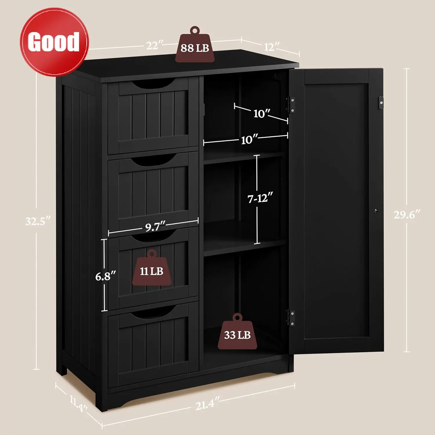 

Wooden Bathroom Floor/Side Storage Organizer Cabinet with 4 Drawers and 1 Cupboard, Freestanding Entryway Storage Unit Console T