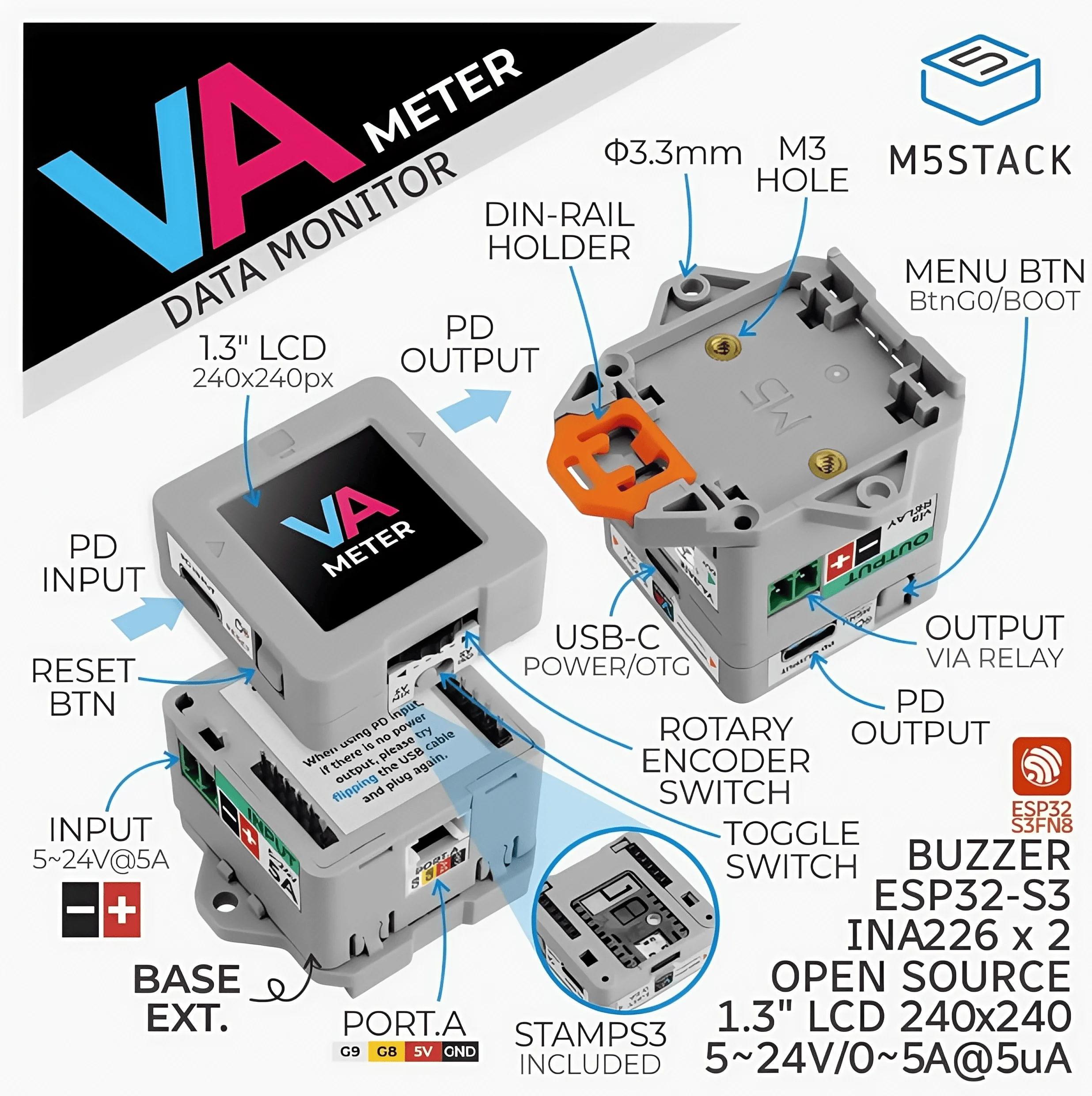 

M5Stack VA Meter Программируемый высокоточный измеритель мощности M5StampS3 измерение напряжения и тока