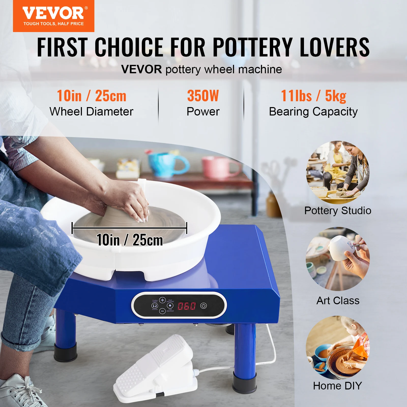 VEVOR 10in Pottery Wheel Machine Ceramic Forming Adjustable 60-300RPM Speed Manual LCD Panel Foot Pedal ABS Detachable Basin