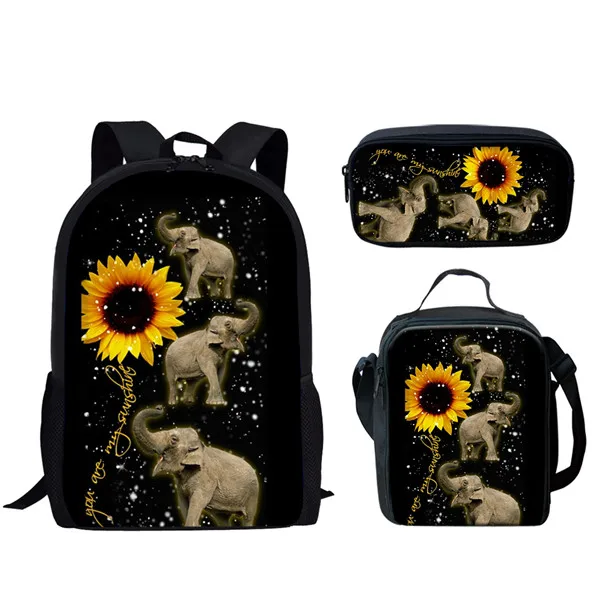 Hewan Sunflowers 3 buah/Set ransel cetak 3D sekolah siswa laki-laki perempuan tas penyimpanan buku Laptop Daypack tas makan siang tas pensil