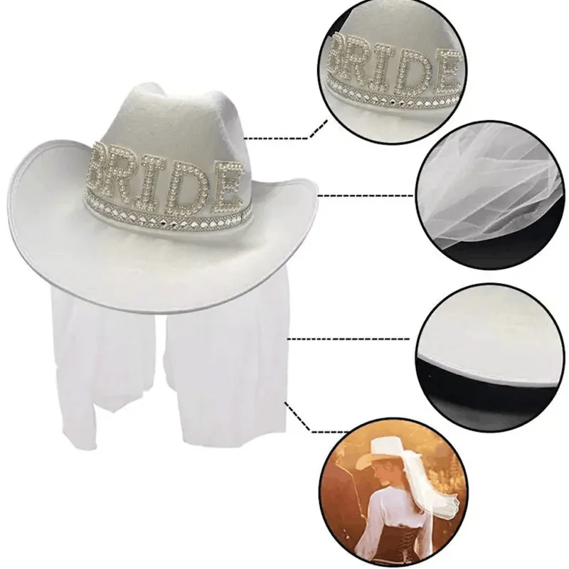 Bride Pearl Veil Cowboy Hat, Western Wedding Accessory