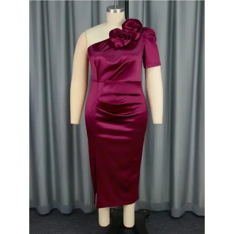 Wine Red One Shoulder 3D Rose Flower Evening Wedding Guest Dresses Women Party Dresses Elegant Spring Summer Fashion