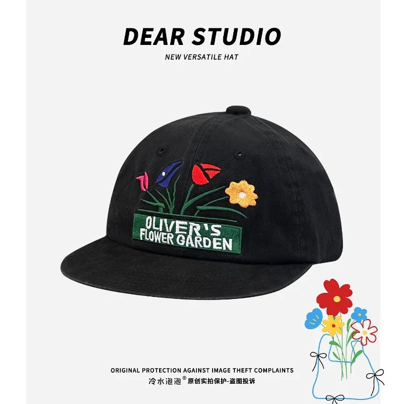 

Niche Korean Flower Embroidery Baseball Cap Spring and Autumn Men's and Women's Street Trend Sunshade Flat-brimmed Hip-hop Hat