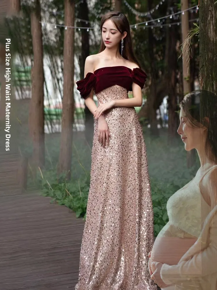 

Bridesmaid Long Evening Gown One oulder Sequin Women's Dr for Wedding Reception Par Performance Ele Midi Skirt